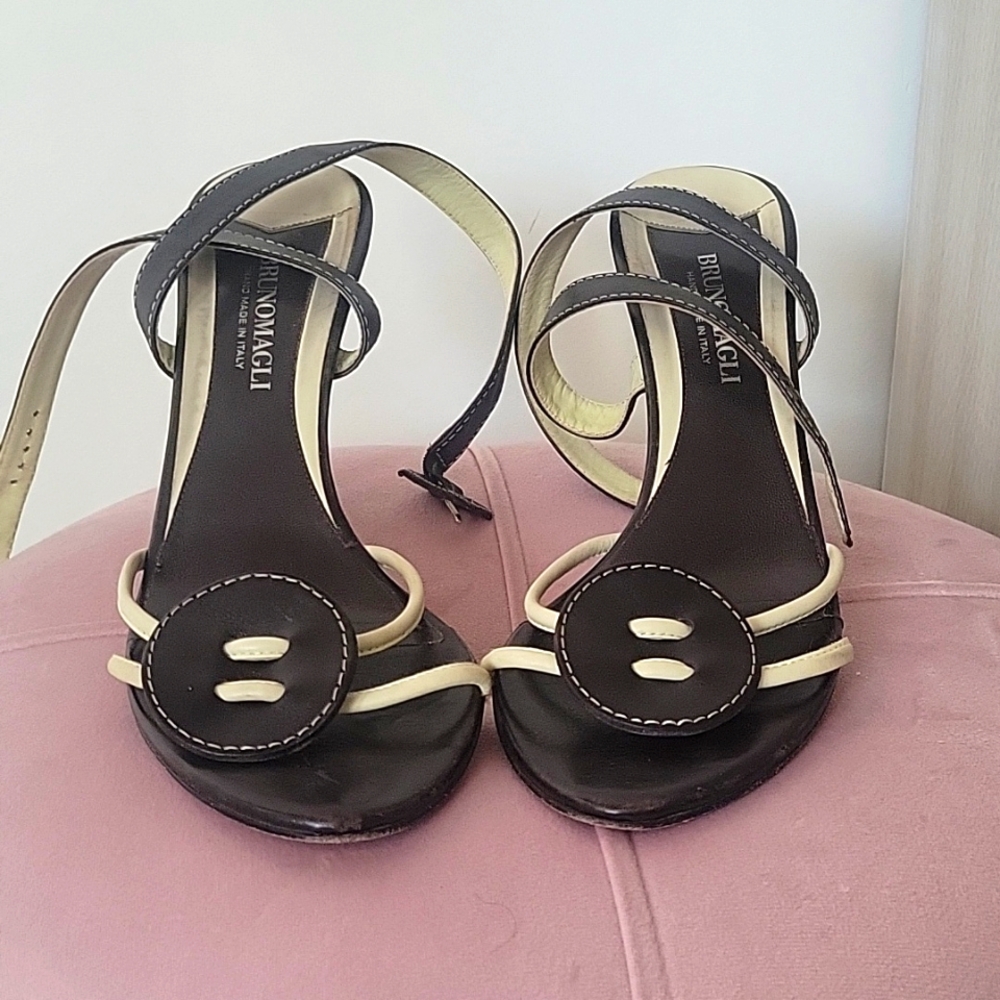 Bruno Magli Black and Cream Strappy Heels